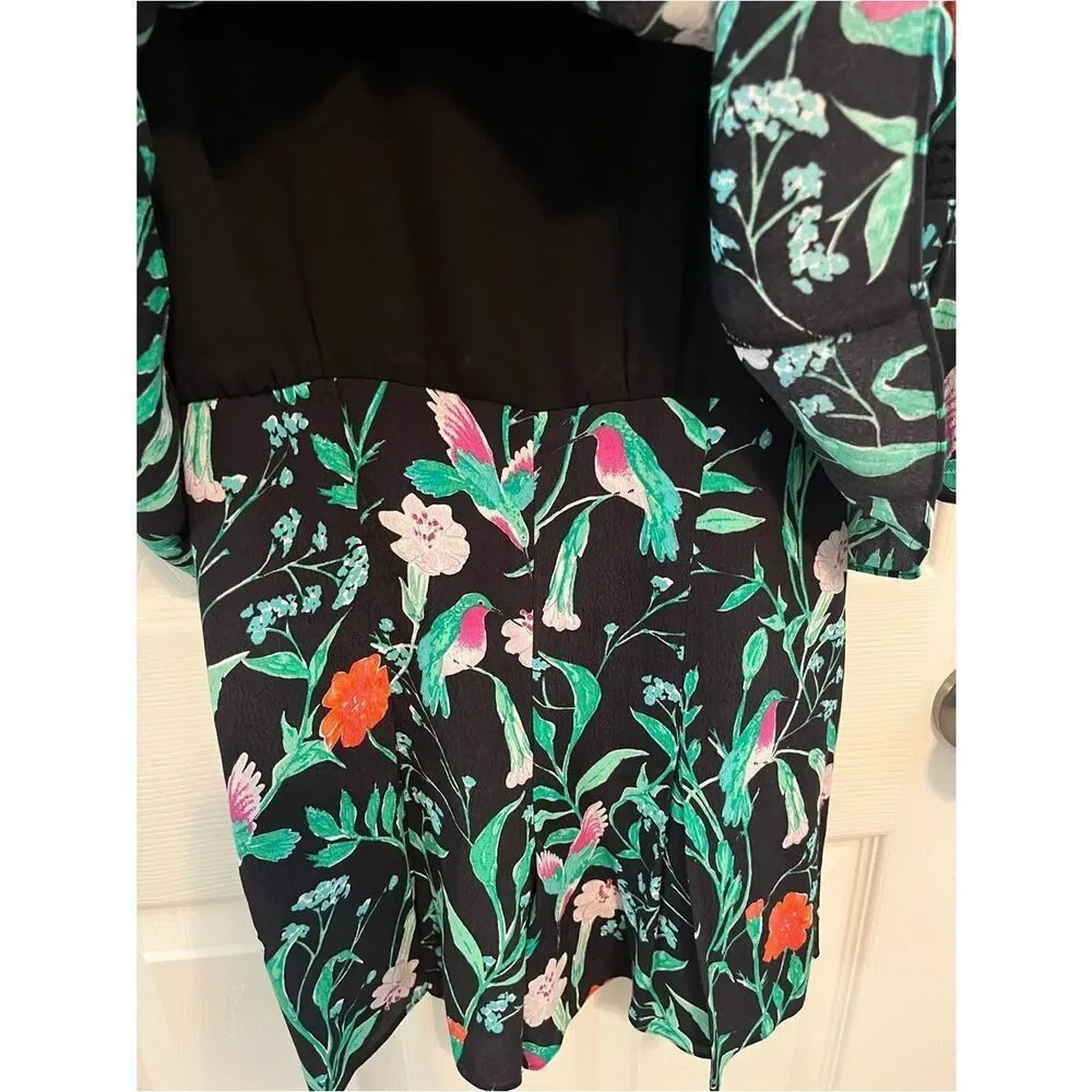 Kate Spade Hummingbird Floral Romper Black Crepe Tassel XS